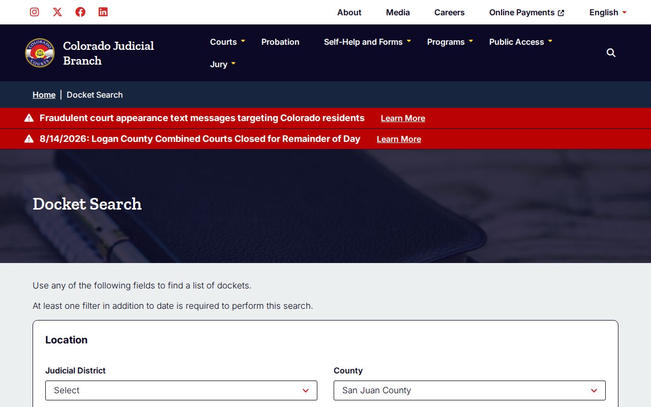 San Juan County court docket results filtered to county 56