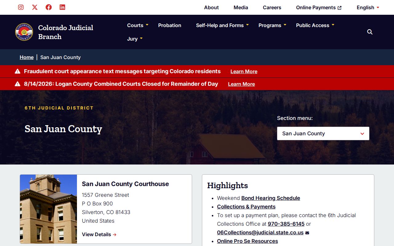 San Juan County court docket and Combined Courts official page