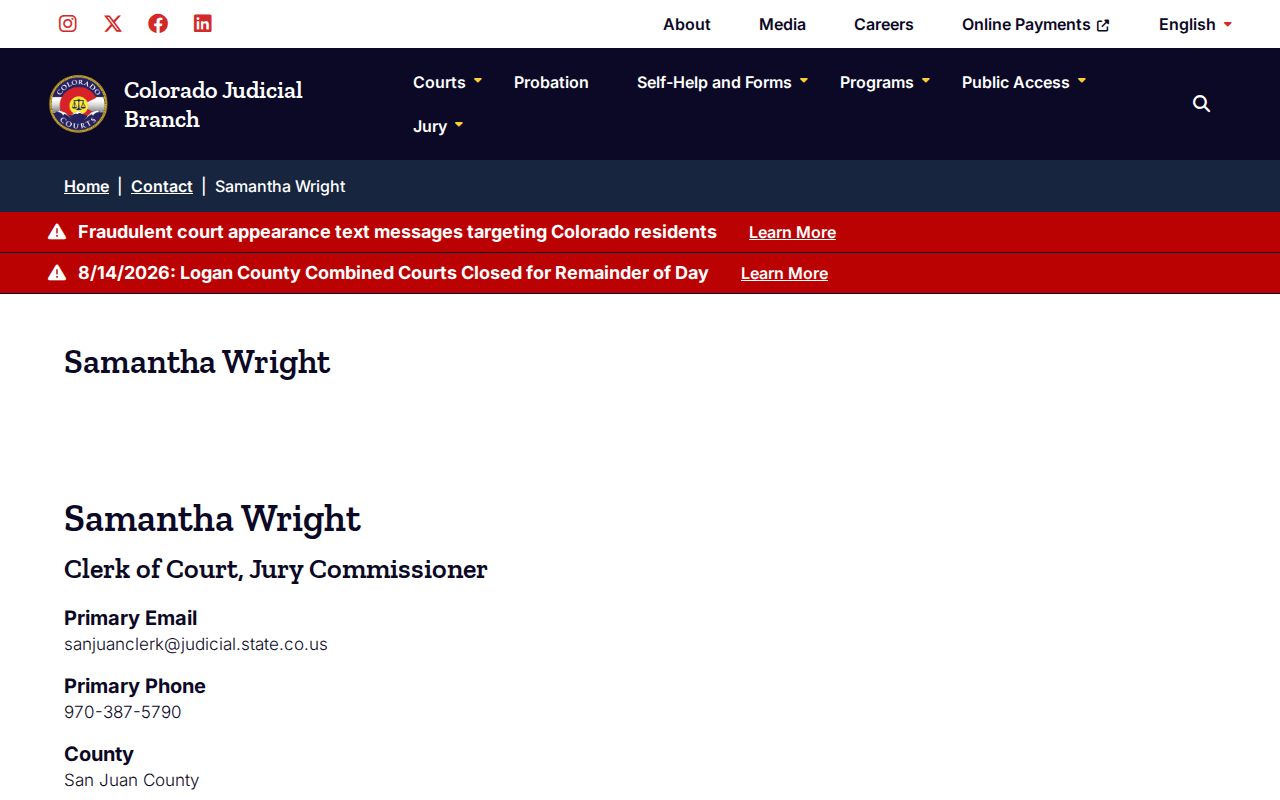 San Juan County court docket clerk Samantha Wright contact page