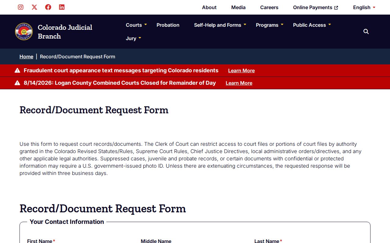 Silverton state court record and docket request form